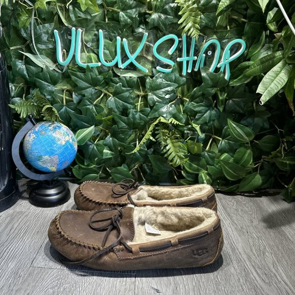 UGG Olsen Slippers Tan Leather House Shoes Moccasins 1112441 Men Size 7 W 8.5 - Picture 4 of 9